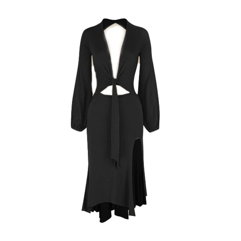 Women's Burgundy & Black Tie-Front Long Sleeve Cutout Latin Dance Dress with Lace Bralette
