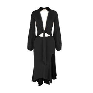 Women's Burgundy & Black Tie-Front Long Sleeve Cutout Latin Dance Dress with Lace Bralette