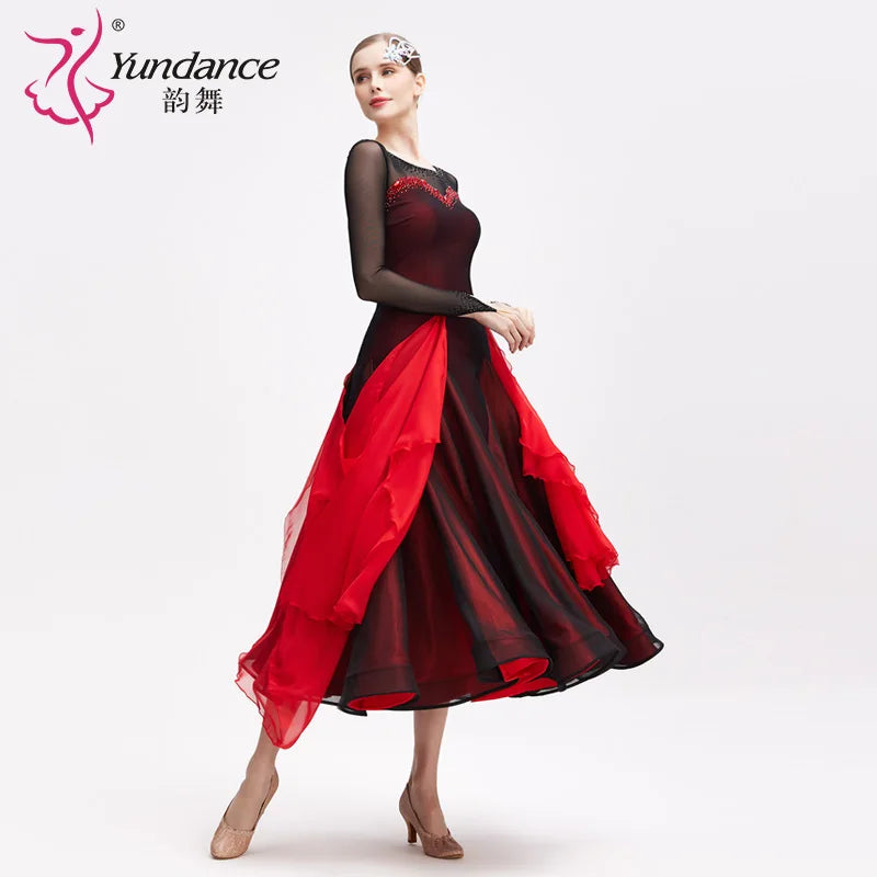 Women's Ballroom Dance Dress International Standard Chiffon Lace Red and Black For Practice