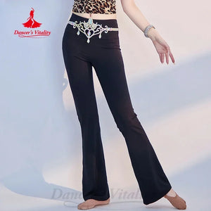 Women's Black Flare Dance Pants with Rhinestone Waistband, Belly Dance/Latin Dance Performance Trousers