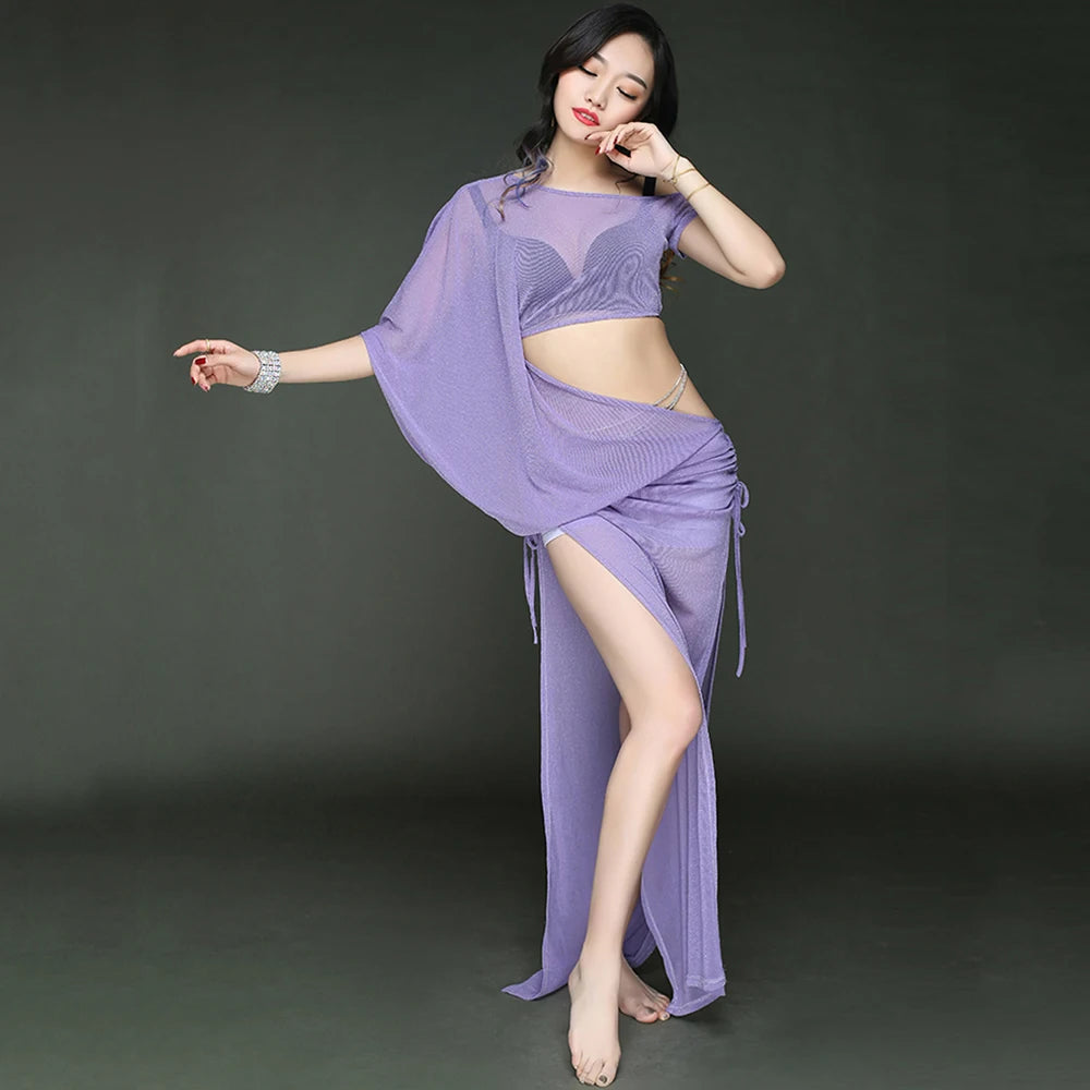 Women's Belly Dance Long Dress Costume With Short Sleeves For Performance