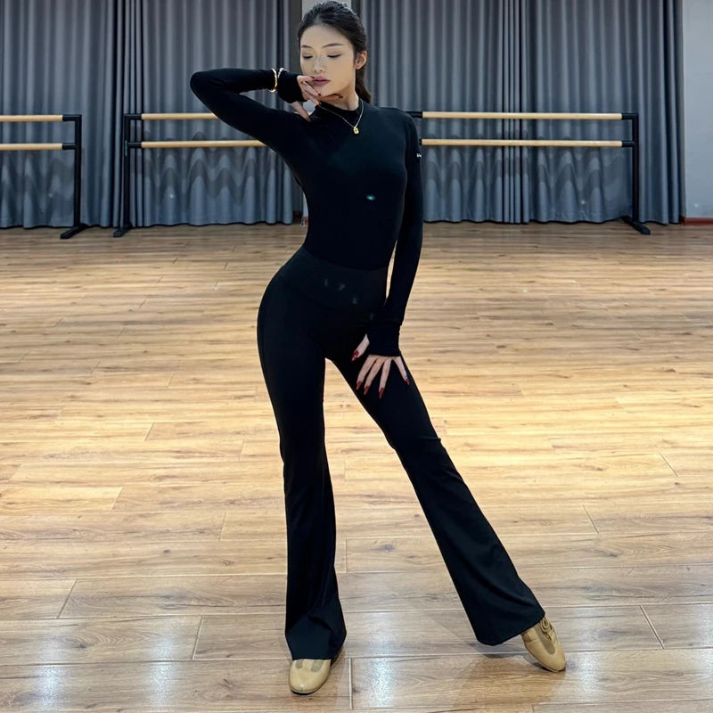 Women's Black Long Sleeve Mock Neck Thumbhole Leotard and Leggings Set, Latin Dance