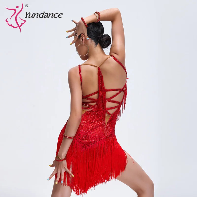 Latin Ballroom Dance Dress With Rhinestones And Tassel Fringe Multiple Colors For Kids And Adults Competition