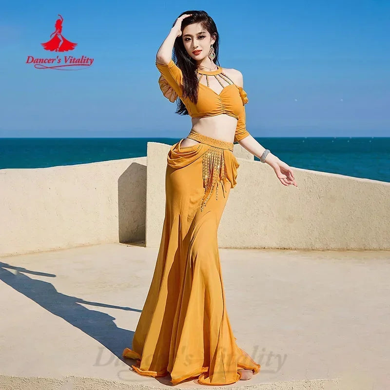 Belly Dance Costume Women's Red Off-Shoulder Crop Top & Mermaid Skirt Set with Rhinestone Belt
