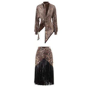Women's Brown Snake Print Choker Neck Long Sleeve Top and Black Fringe Skirt Latin Dance Set