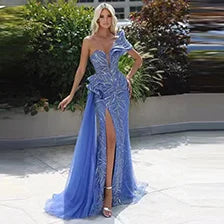One Shoulder Blue Sequined Prom Dress with Sweetheart Neckline and Thigh-High Split
