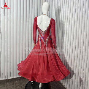 Women's Standard Ballroom Dance Dress With AB Rhinestones And Long Sleeves For Waltz Foxtrot Tango Competition