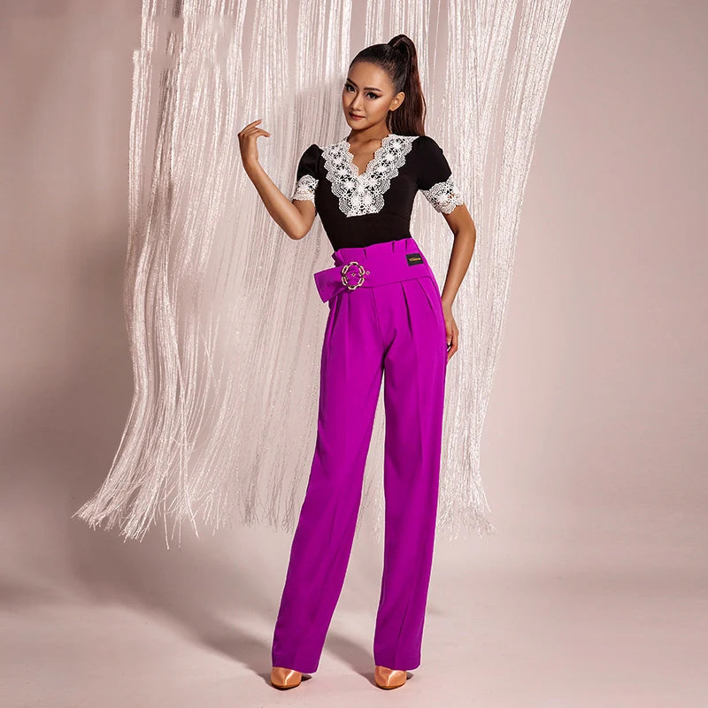 Women's Black and White Lace Leotard with Puff Sleeves, Latin Dance