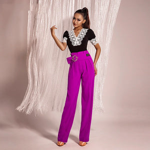 Women's Black and White Lace Leotard with Puff Sleeves, Latin Dance