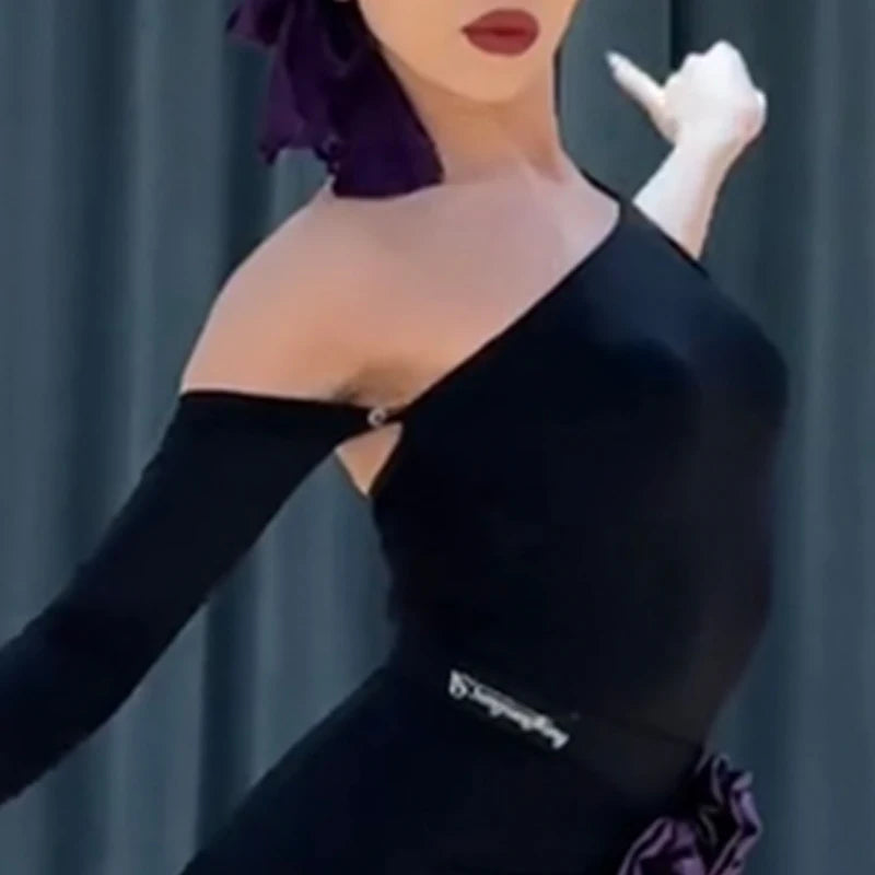 Women's Blue Ruffled Asymmetrical Hem Latin Dance Dress with Headband, Arm Sleeve & Floral Detail