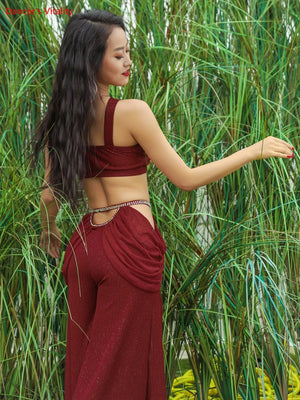 Belly Dance Costume Women's Black Halter Crop Top and High Slit Skirt with Rhinestone Belt, Sparkly Lurex Fabric