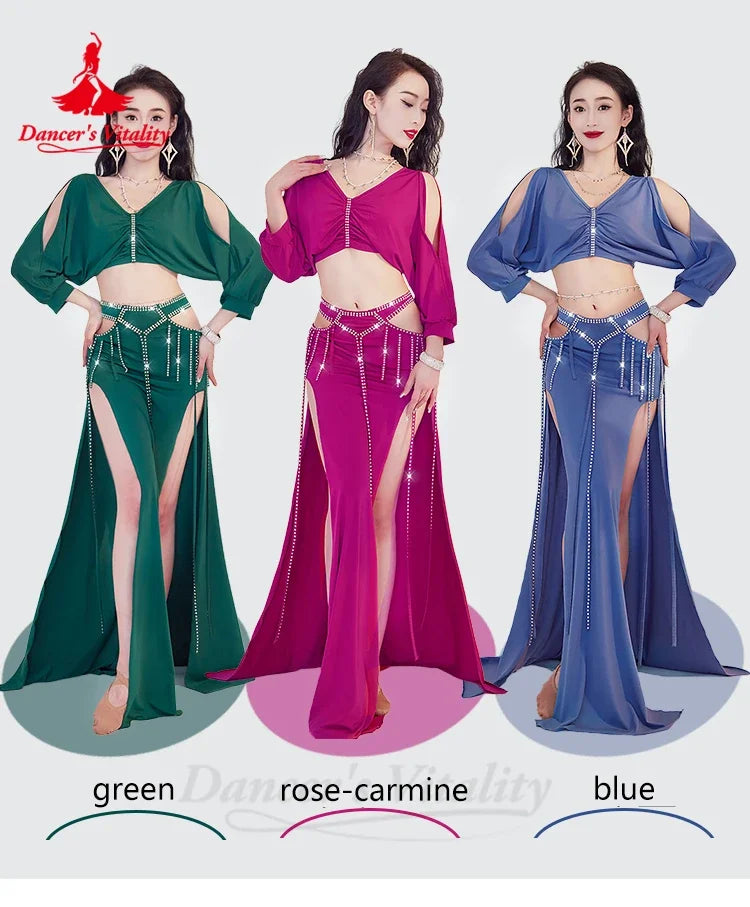 Women's Green V-Neck Crop Top and Slit Pants Set with Rhinestone Tassels, Belly Dance Costume