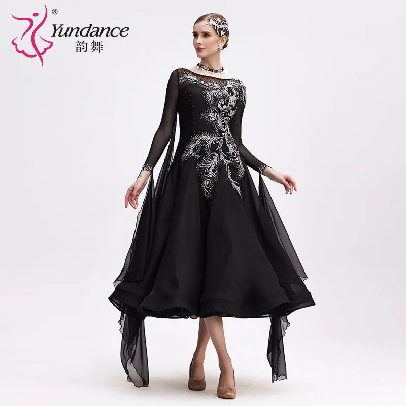 Women's Standard Ballroom Dance Dress Long Black Chiffon For Competition