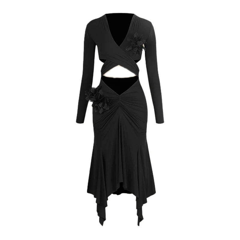 Women's Black & Leopard Print Long Sleeve Cutout Floral Applique Asymmetrical Hem Latin Dance Dress