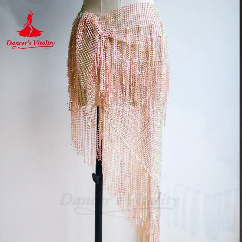 Belly Dance Hip Scarf, Women's Teal Blue Sequin Fringe Mesh Skirt, Latin Dance Hip Wrap