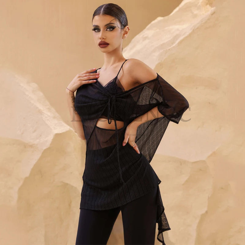 Women's Black Sheer Pleated Off-Shoulder Dance Top with Spaghetti Straps