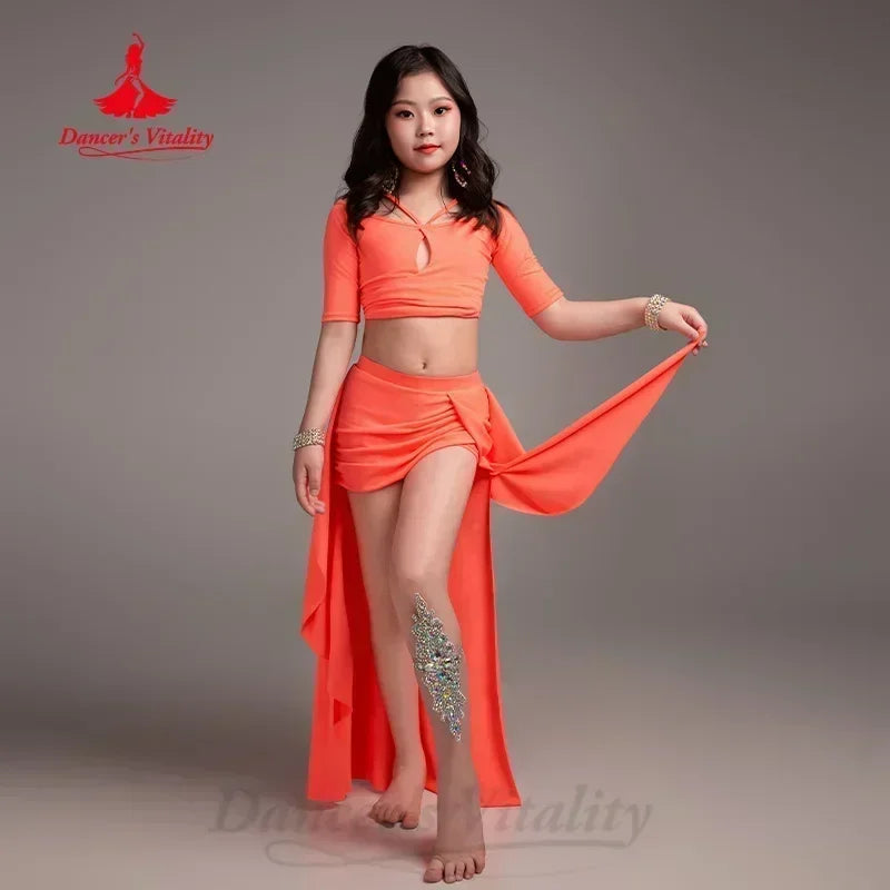 Kids Girls Orange Belly Dance Costume Set with Flowy Skirt and Rhinestone Leg Decal