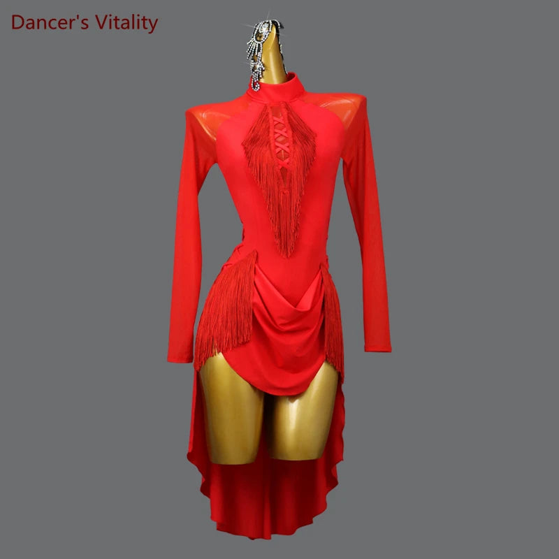Latin Dance Dress Women's Red Fringe High-Low Hem Long Sleeve Mock Neck Mesh Bodice Rhythm Salsa Cha-Cha Rumba Samba Jive