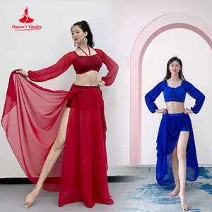 Belly Dance Costume Women's Adult Blue Chiffon Long Sleeve Halter Top & Skirt Set, Red Chiffon Long Sleeve Halter Top & High-Slit Skirt Set