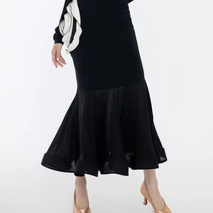 Women's Black & White Off-Shoulder Ruffle Rose Ballroom Dance Dress