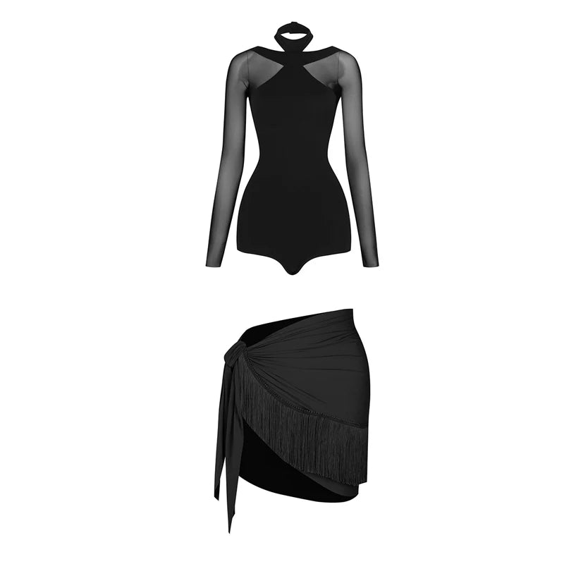 Women's Black Mesh Long Sleeve Halter Neck Bodysuit with Fringe Wrap Skirt Latin Dance Dress