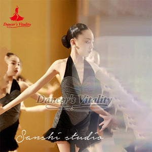 Women's Brown Shimmer Halterneck Ruched Latin Dance Dress with Tulle Ruffle Skirt