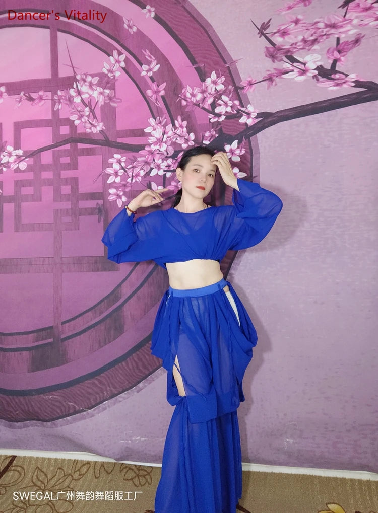 Women's Belly Dance Training Outfit With Long-Sleeve Top And Chiffon Lantern Pants