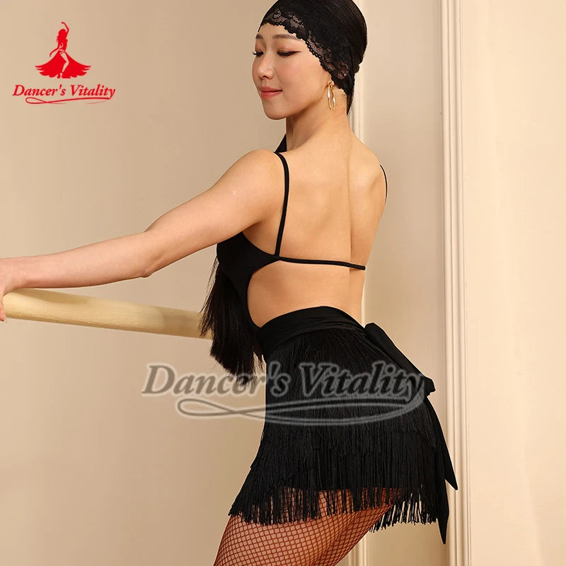 Women's Pink, Yellow, Blue Fringe Latin Dance Dress with Cut-Out Bodysuit & Headband