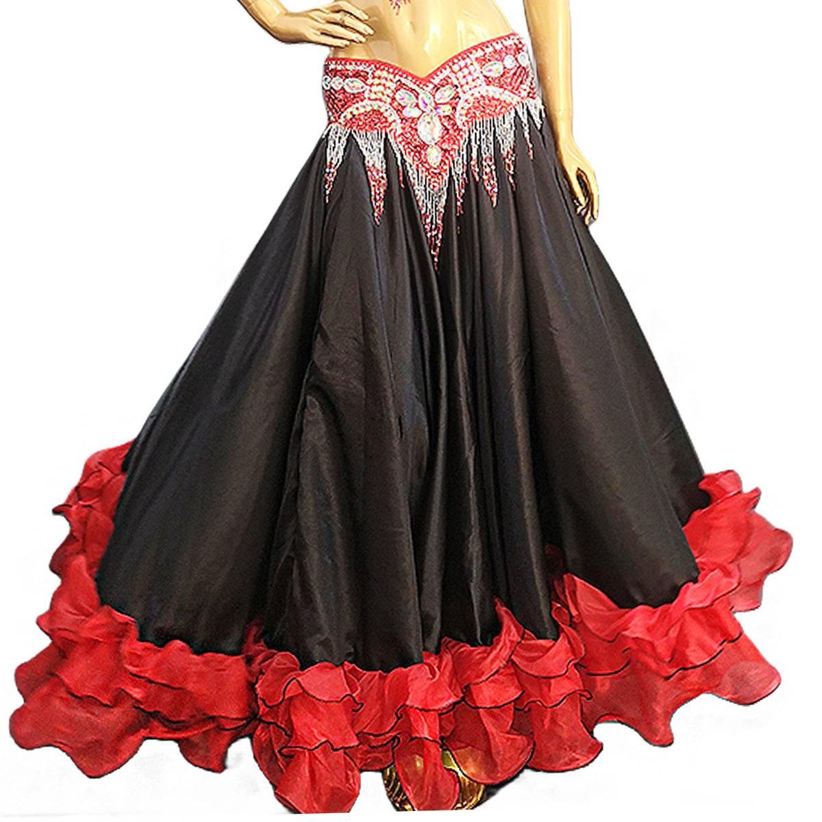 Women's Red and Black Ruffled Satin and Organza Belly Dance Skirt with Beaded Hip Scarf for Performance