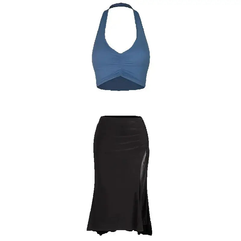 Women's Black Halter Neck Ruched Crop Top & Side Drawstring Ruffle Hem Skirt Latin Dancewear Set
