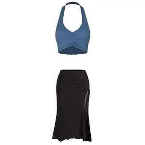 Women's Black Halter Neck Ruched Crop Top & Side Drawstring Ruffle Hem Skirt Latin Dancewear Set