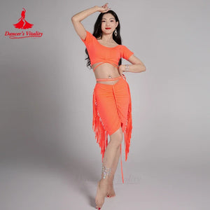 Belly Dance Costume Women's Neon Green Short Sleeve Crop Top with Criss-Cross Straps and Ruched Fringe Skirt