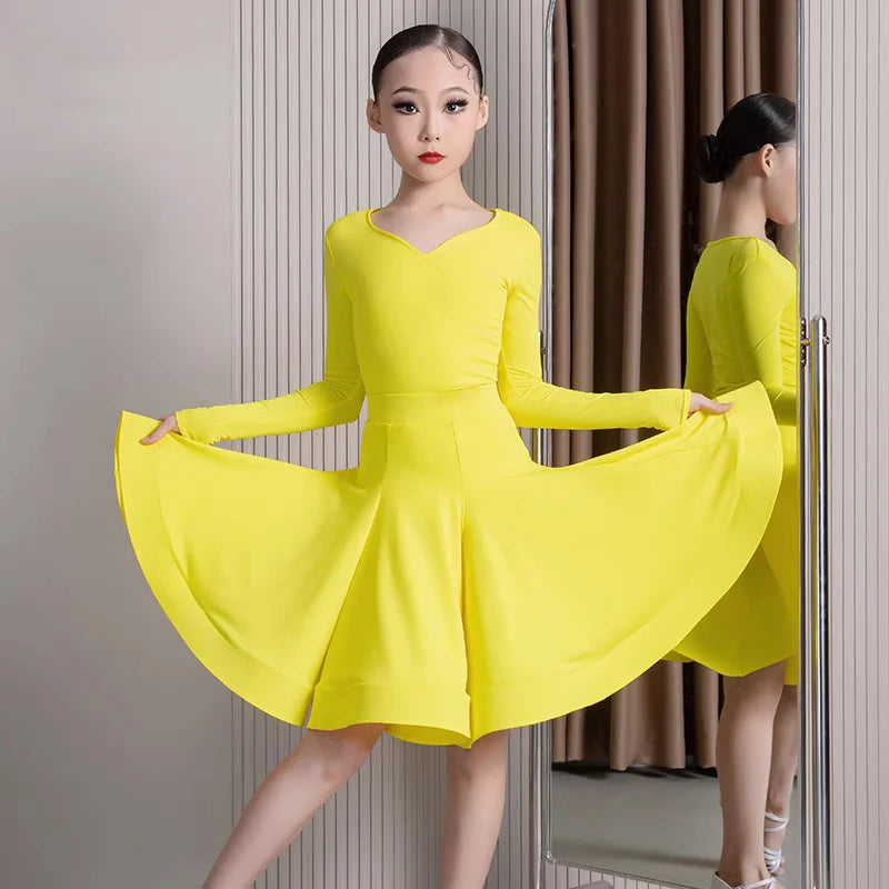 Girls' Navy Blue Long Sleeve V-Neck Ballroom Latin Dance Dress with Finger Loops