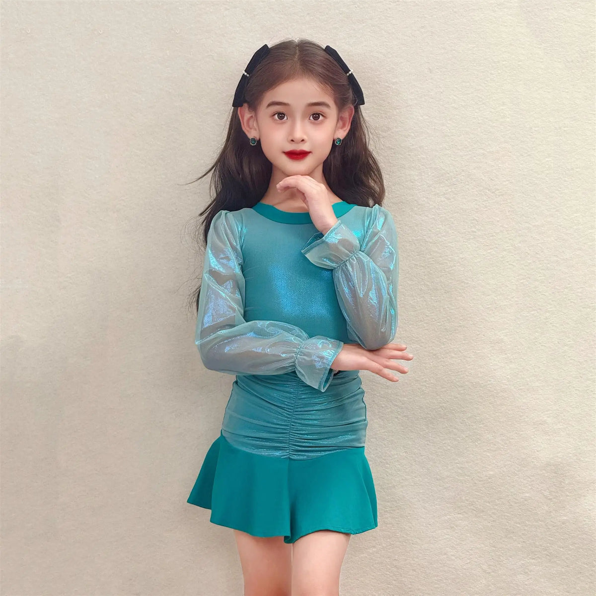 Girls' Aqua Green Shimmer Long Sleeve Ruched Skirt Dance Dress - Latin/Ballroom