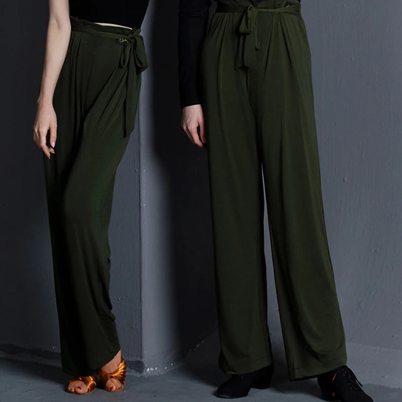 Dance Pants Women's Black High-Waisted Wide Leg Tie-Waist Ballroom Latin Dance Trousers