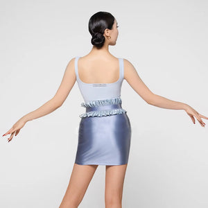Women's Light Blue & Slate Blue Ruffled Peplum Tank Top & Mini Skirt Set, Mesh Tights, Ballroom Dancewear