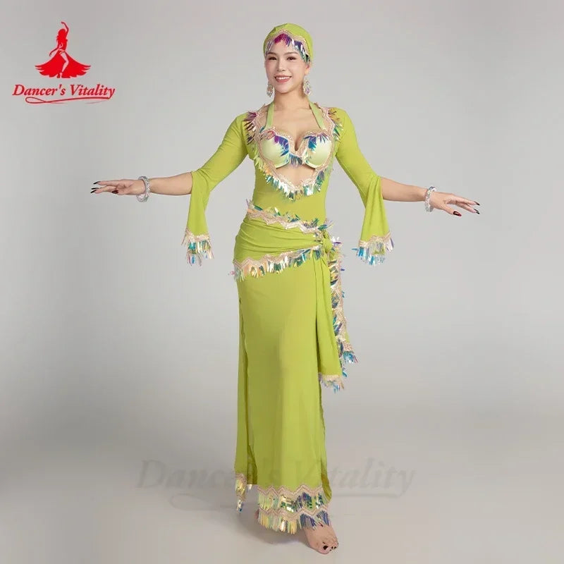 Women's Belly Dance Baladi Saidi 4-Piece Costume Set With Robe, Bra, Headscarf, Hip Scarf For Competition
