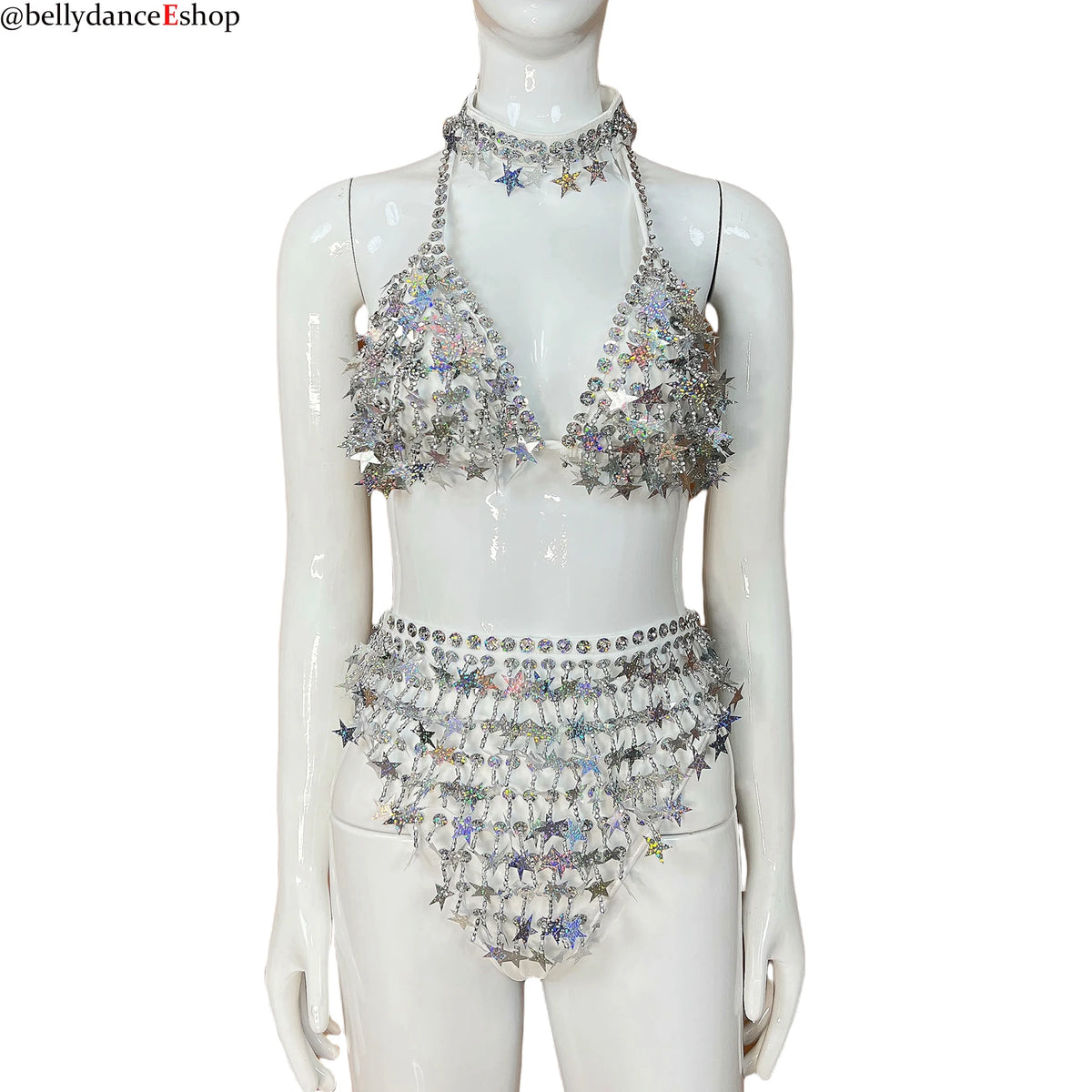 Belly Dance Women's White Sequin Star Halter Top and High-Waisted Briefs Set, Performance & Practice Wear