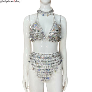 Belly Dance Women's White Sequin Star Halter Top and High-Waisted Briefs Set, Performance & Practice Wear