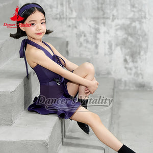 Girls' Purple Halter Lace-Up Ruffled Latin Dance Dress