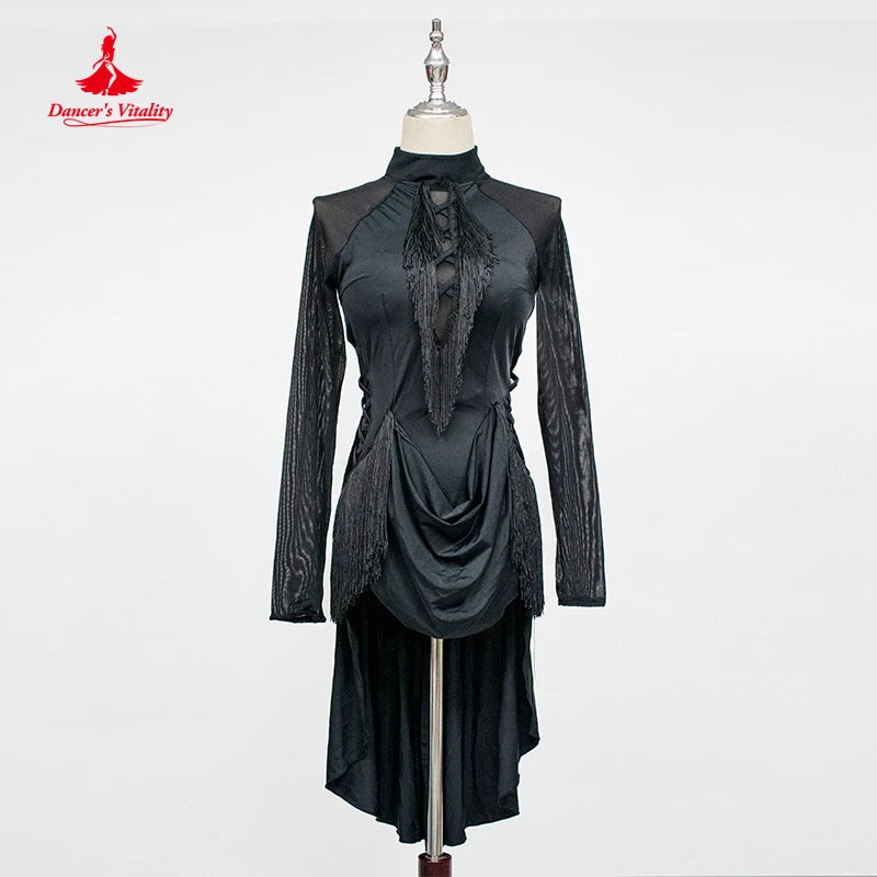 Latin Dance Dress Women's Red Fringe High-Low Hem Long Sleeve Mock Neck Mesh Bodice Rhythm Salsa Cha-Cha Rumba Samba Jive