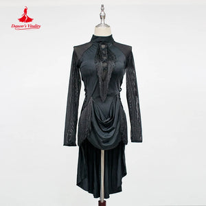 Latin Dance Dress Women's Red Fringe High-Low Hem Long Sleeve Mock Neck Mesh Bodice Rhythm Salsa Cha-Cha Rumba Samba Jive