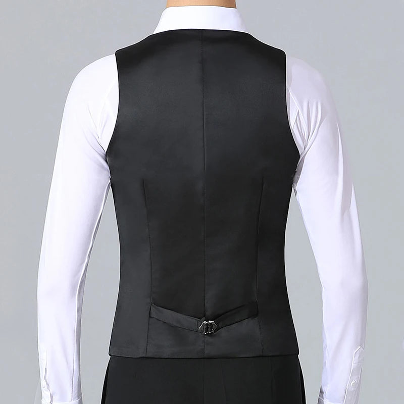Men's Black V-Neck Button-Up Vest with Pockets for Ballroom Dance