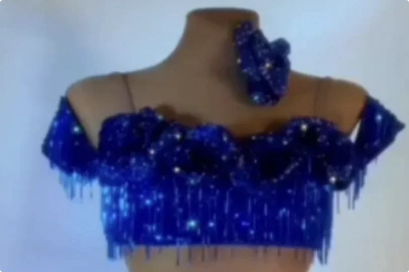 Dance Top Women's Blue Sparkle Off-Shoulder Fringe Latin Salsa Rumba Cha-Cha