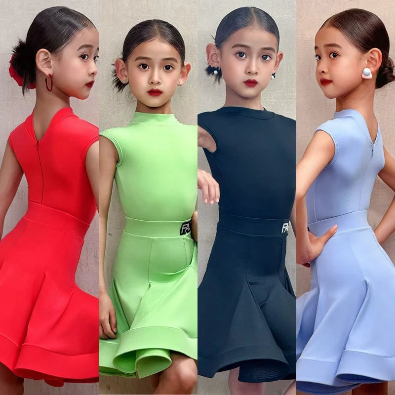 Girls Latin Dance Dress Red, Green, Black, Blue Sleeveless with Ruffled Skirt