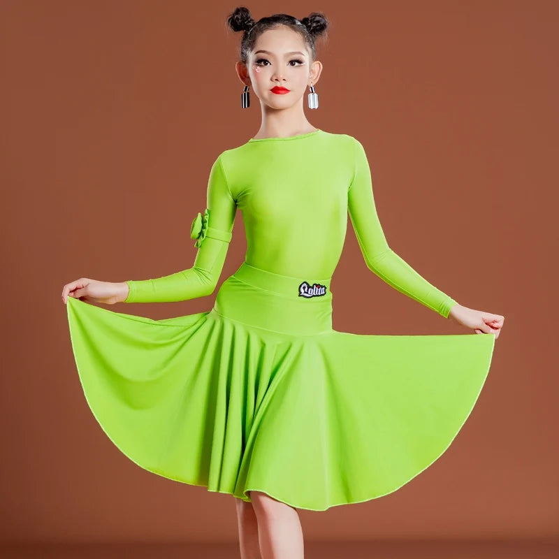 Girls Latin Dance Dress, Long Sleeve, Pleated Skirt, Ballroom Performance Costume