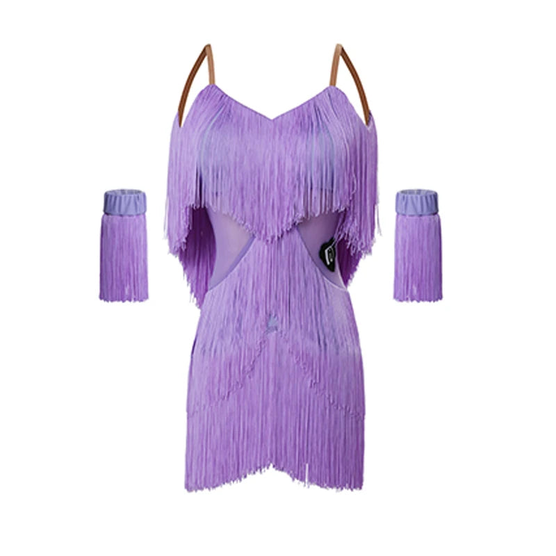 Girls' Lavender Fringe Latin Dance Dress with Armbands, Off-Shoulder Sweetheart Neckline, and Side Slit