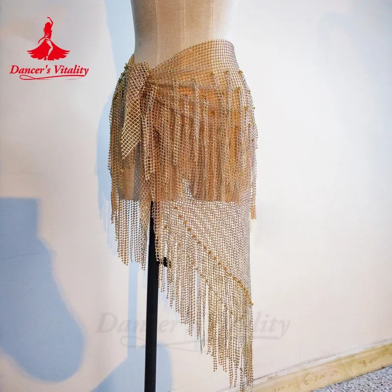 Belly Dance Hip Scarf, Women's Teal Blue Sequin Fringe Mesh Skirt, Latin Dance Hip Wrap