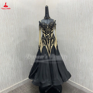Ballroom Dance Dress Women's Black & Gold Beaded Fringe Long Sleeve Standard Smooth Competition Gown