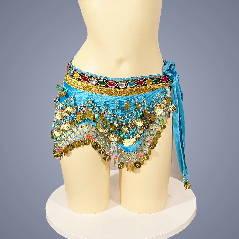 Belly Dance Hip Scarf, Women's Blue Gold Coin & Jewel Embellished Chiffon Waist Wrap, Tribal Fusion Bellydance